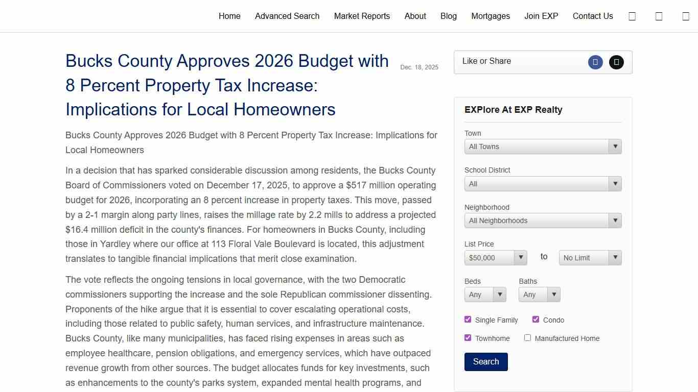 Bucks County Approves 2026 Budget with 8 Percent Property Tax Increase: Implications for Local Homeowners
