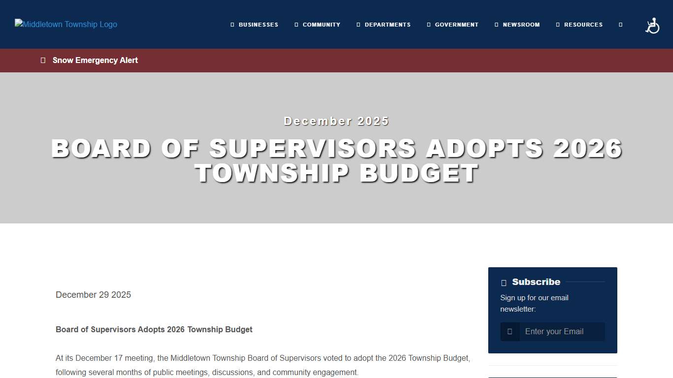 Board of Supervisors Adopts 2026 Township Budget Middletown Township Bucks County PA
